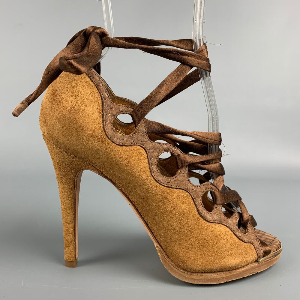 DEVI KROGELL Size 6 Tan & Brown Suede Mixed Materials Ankle Strap Boots